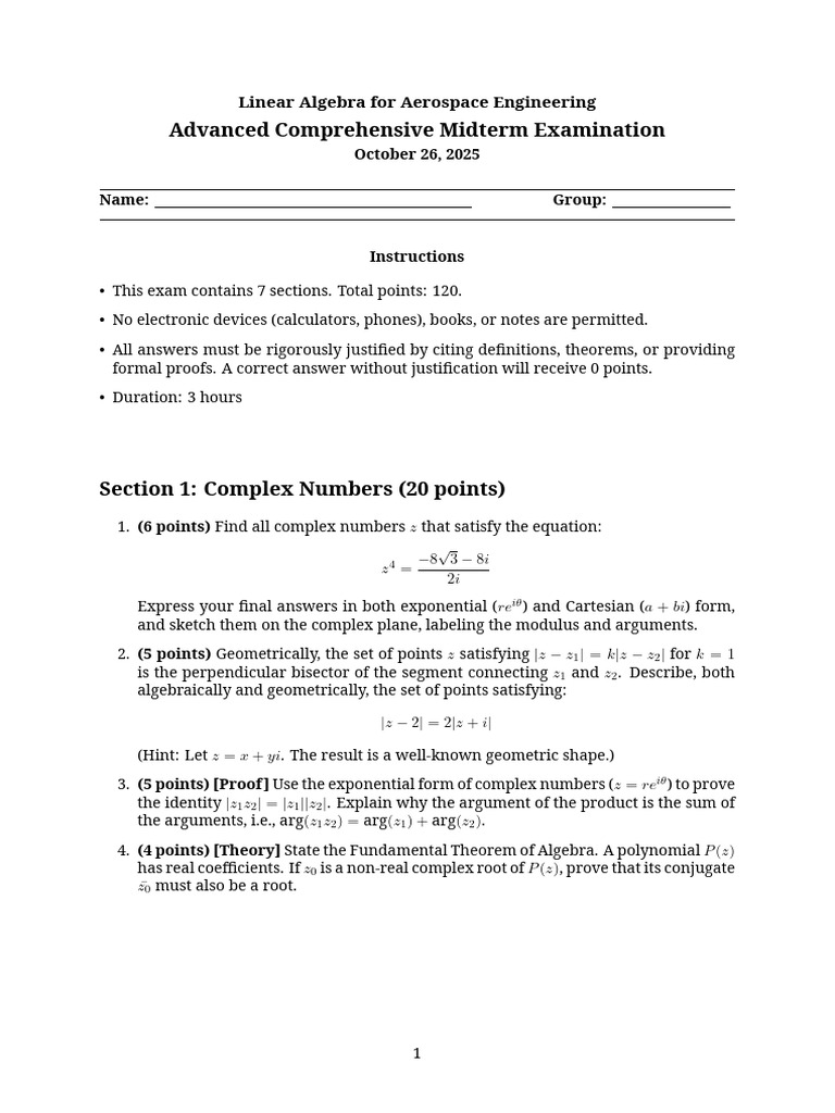 Aerospace Engineering Linear Algebra Exam | PDF | Matrix (Mathematics ...