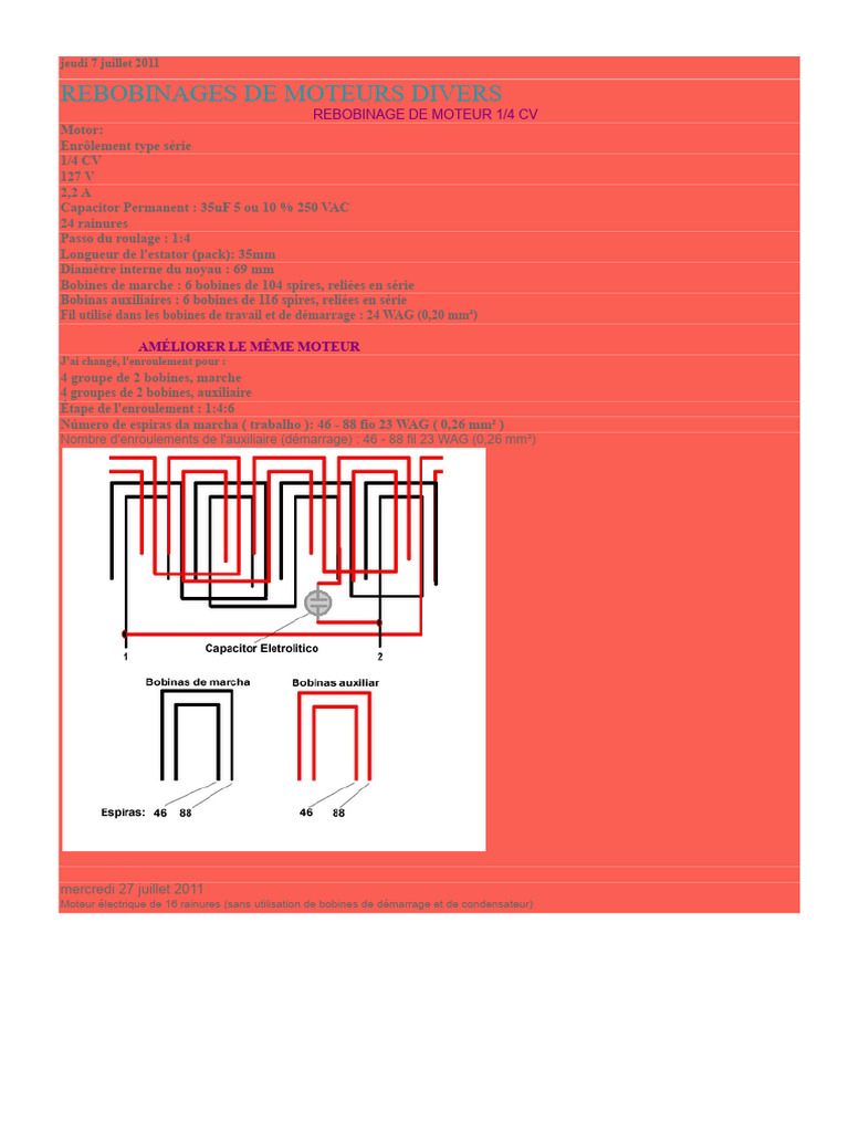 Rebobinage moteur 1/4 CV 24 rainures | PDF | Inducteur | Électrotechnique