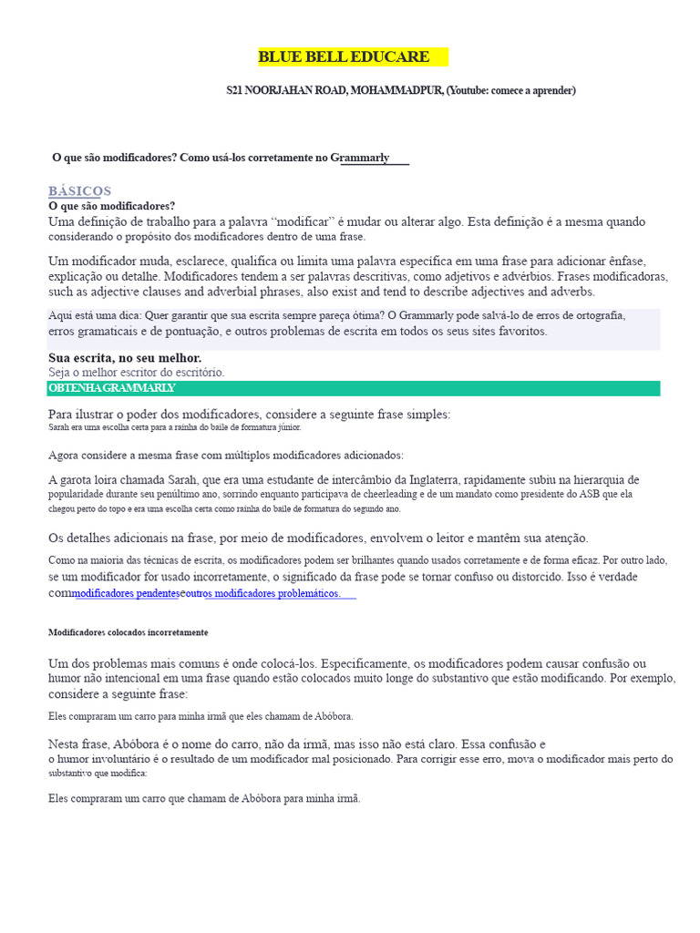 Modificadores do Substantivo: Definição e Uso | PDF | Palavra | Substantivo