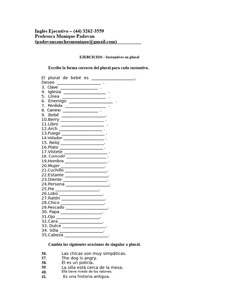Sustantivos en Plural - Ejercicios | PDF
