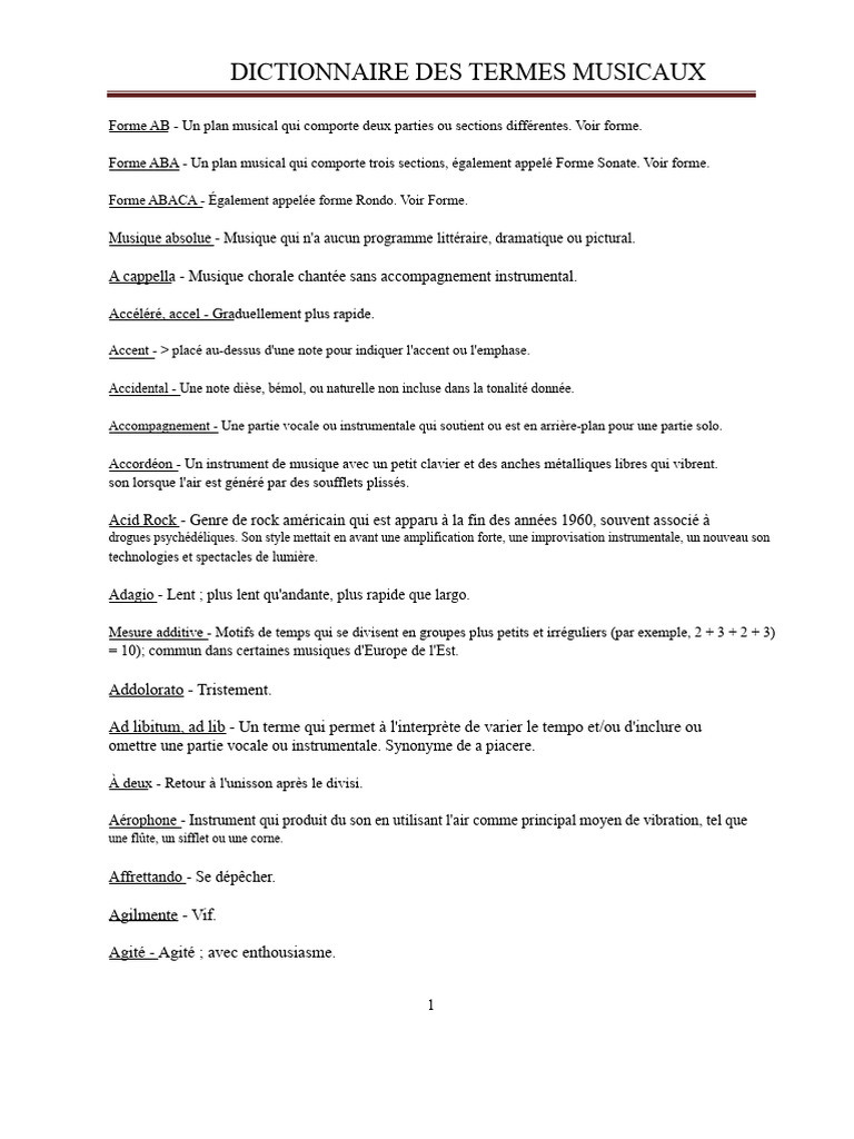 Dictionnaire des Termes Musicaux | PDF | Gamme musicale | Intervalle ...