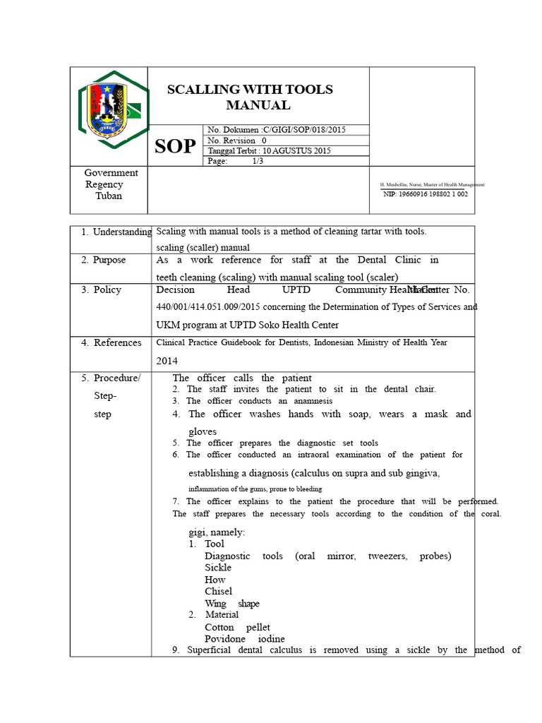 Sop Scaling With New Manual Tools Pdf Dentistry Branches Mouth