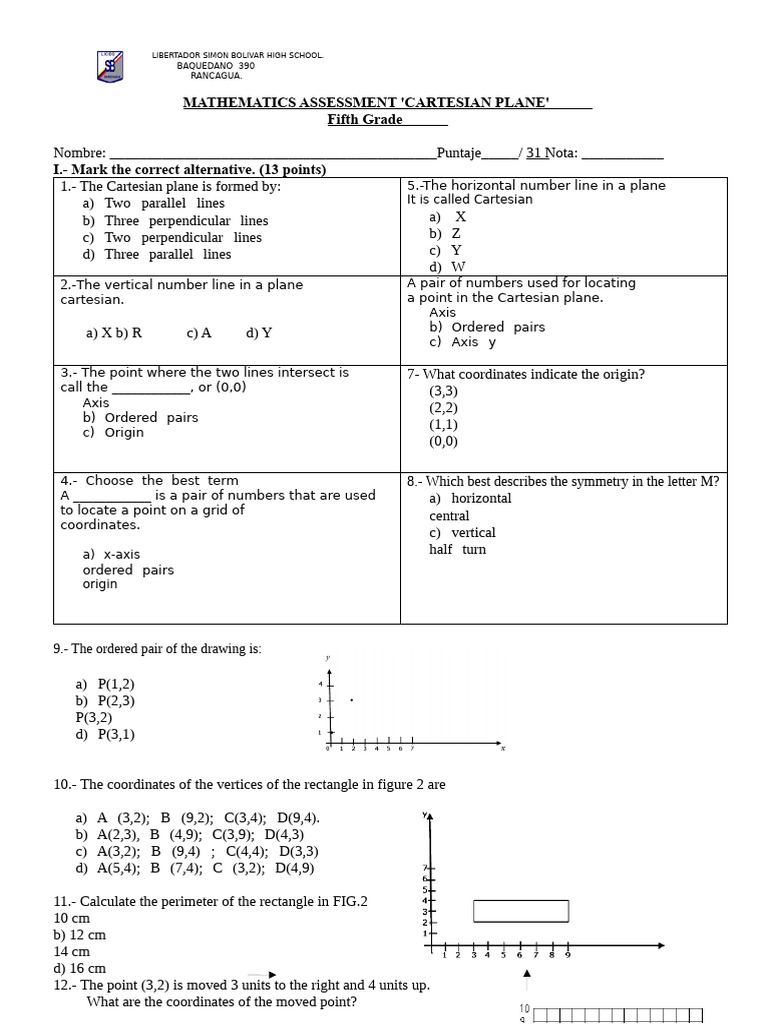 Test 5 Cartesian Plane | PDF | Cartesian Coordinate System | Euclidean ...