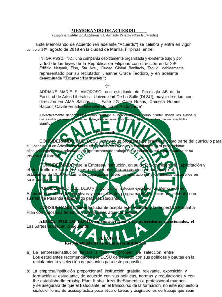 Acuerdo de Pasantía DLSU-INFOR PSSC | PDF | Business | Institución