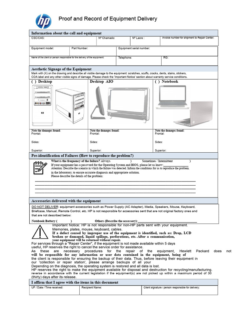 Equipment Delivery Proof and Damage Report | PDF | Laptop | Hewlett Packard