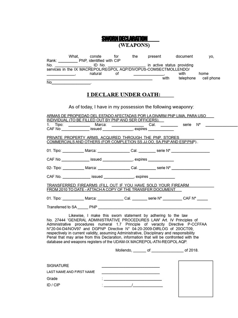 Sworn Declaration for Weapons Ownership | PDF | Justice | Crime & Violence