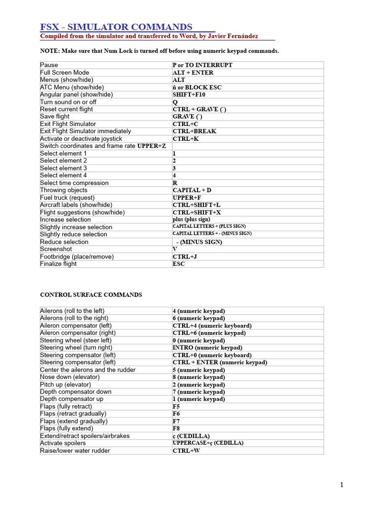 FSX Keyboard Commands Guide | PDF | Computer Keyboard | Helicopter