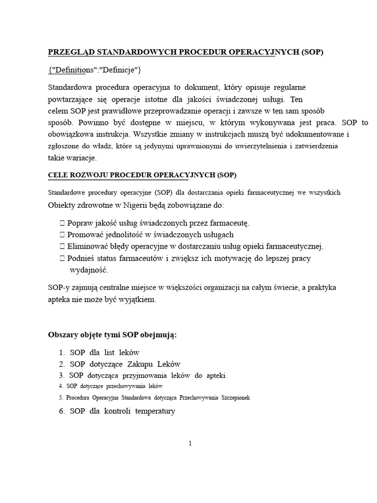 Przegląd Standardowych Procedur Operacyjnych (SOP) | PDF