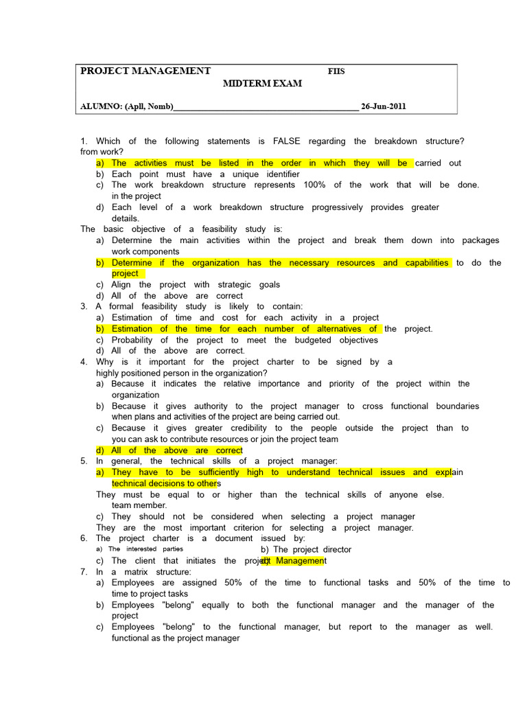Project Management Midterm Exam Guide | PDF | Project Management | Business