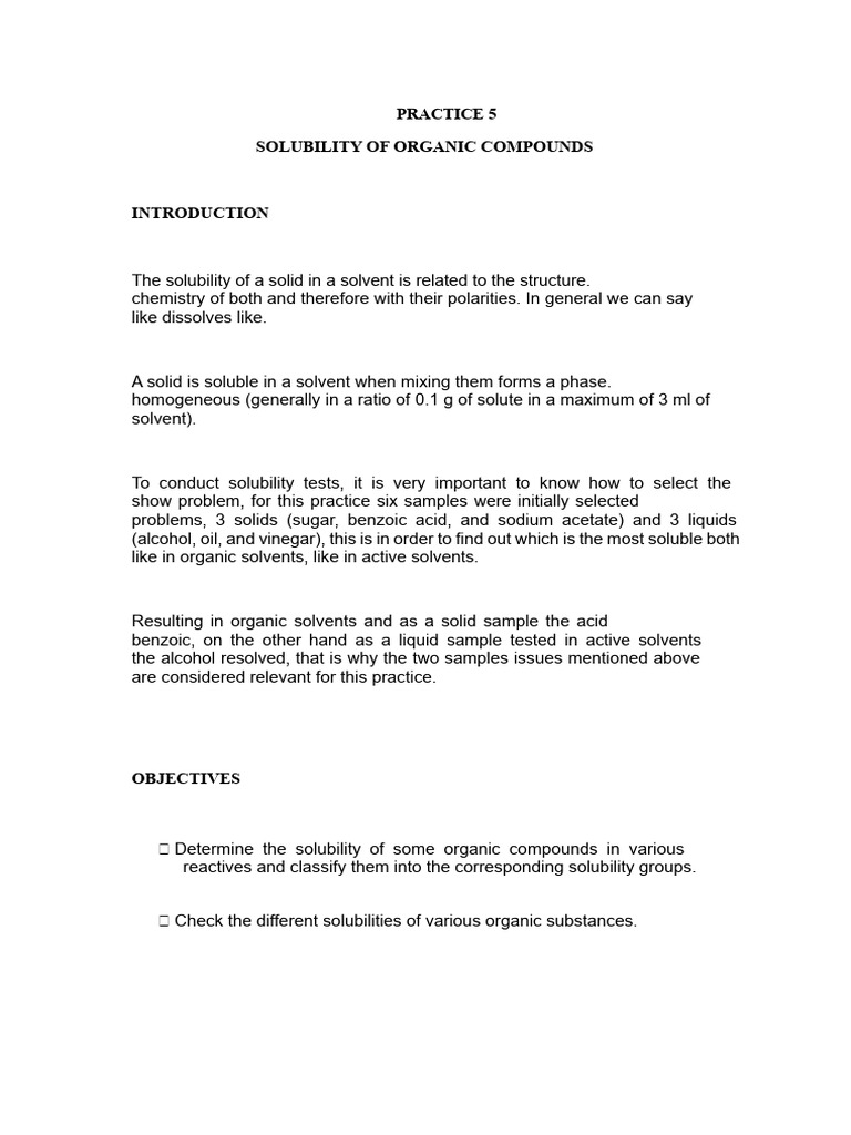 Solubility of Organic Compounds Experiment | PDF | Solubility ...