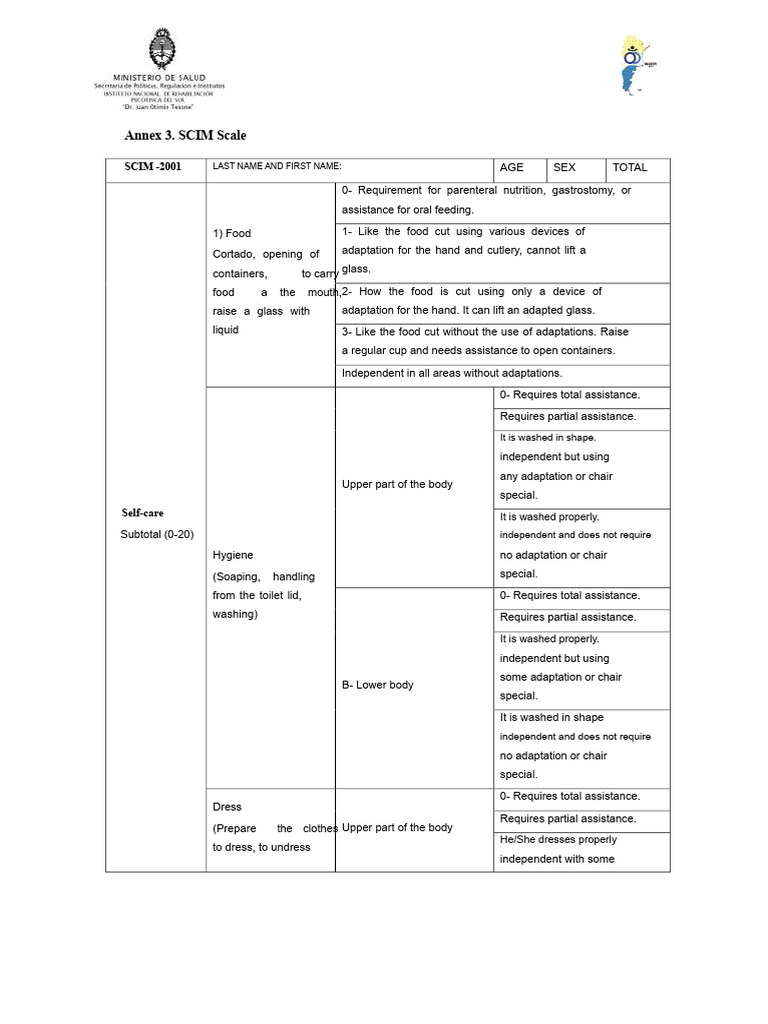 SCIM Scale Assessment Guide | PDF | Wheelchair | Chair