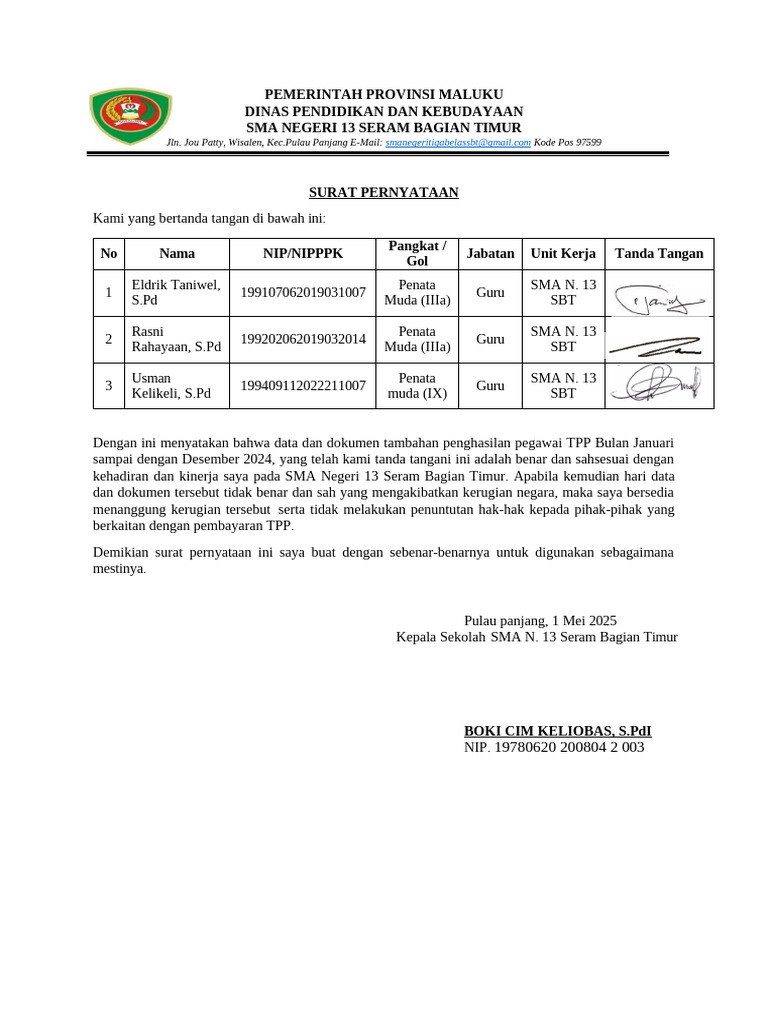 Surat Pernyataan TPP SMA Negeri 13 SBT | PDF
