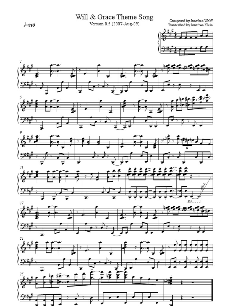 Will Grace Theme Piano Sheet Music