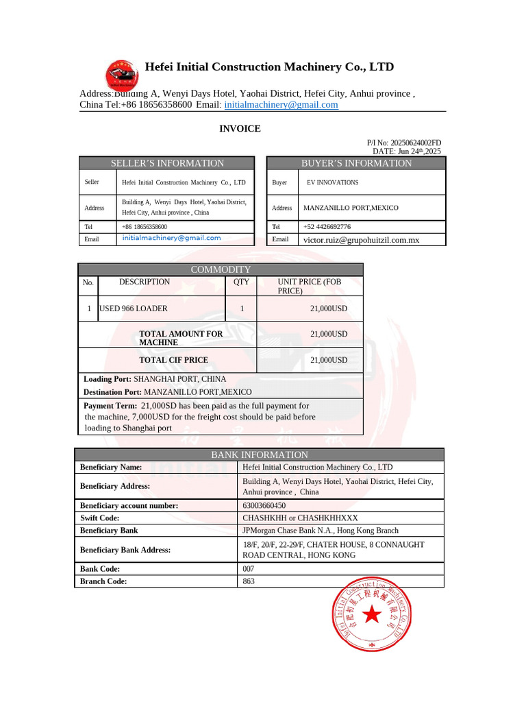 Invoice for Used 966 Loader Sale | PDF | Business | Trade