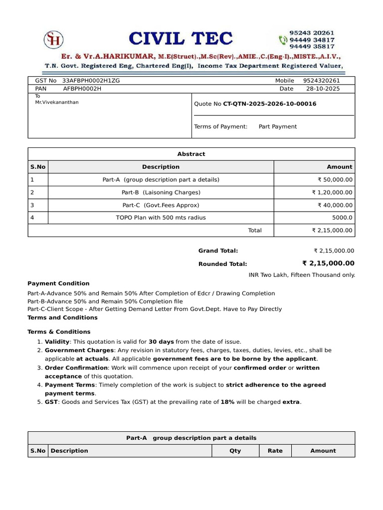 Quotation for Civil Engineering Services | PDF | Payments | Taxes