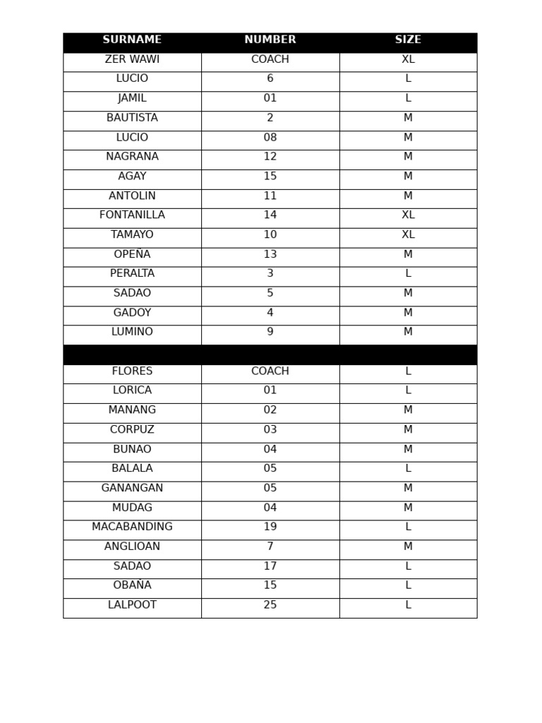 Team Roster with Sizes and Numbers | PDF