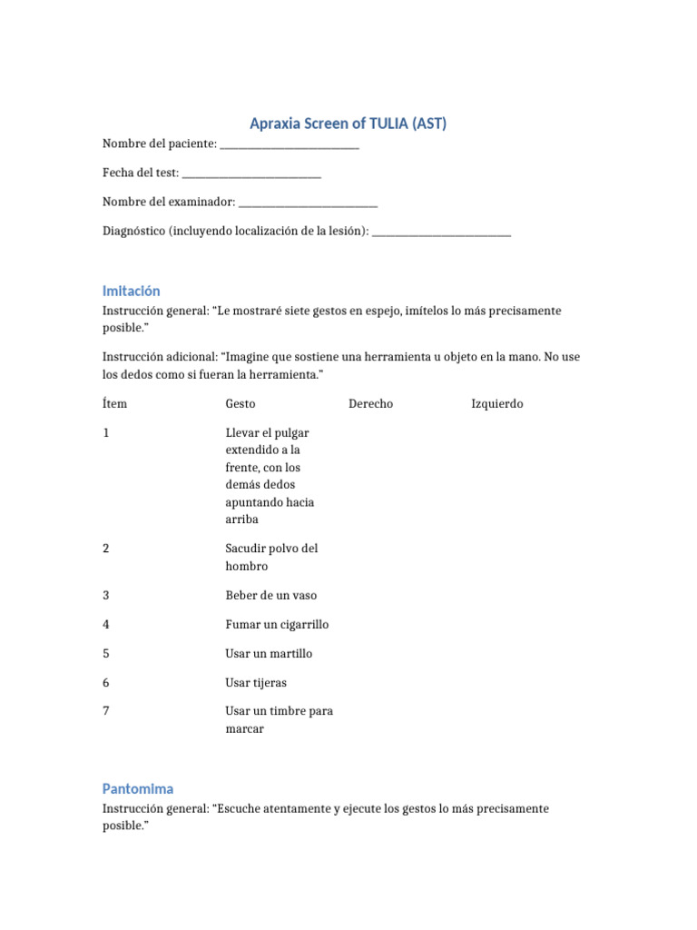 Evaluación de Apraxia: AST | PDF