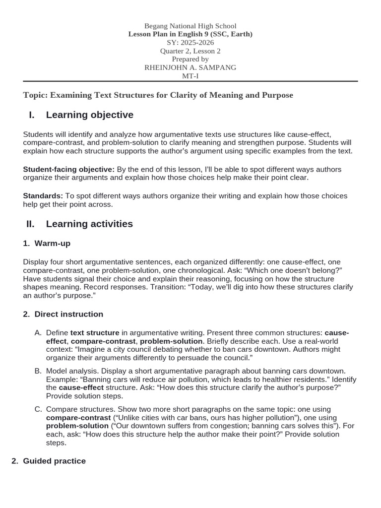 Lesson Plan - Examine Text Structures For Clarity of Meaning and ...