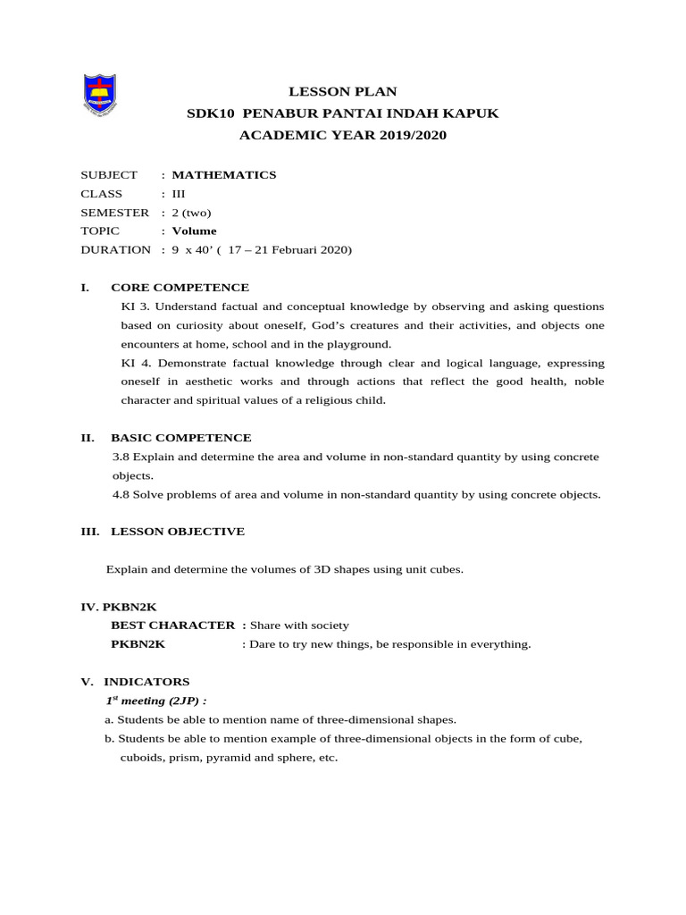 Volume Lesson Plan for Grade 3 Math | PDF | Teachers | Volume