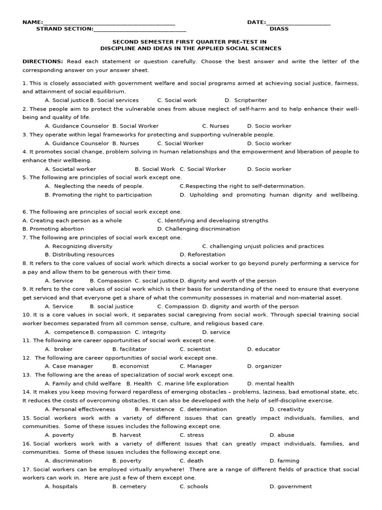 Pre Test D.I.A.S.S. Second Quarter | PDF | Communication | Social Work