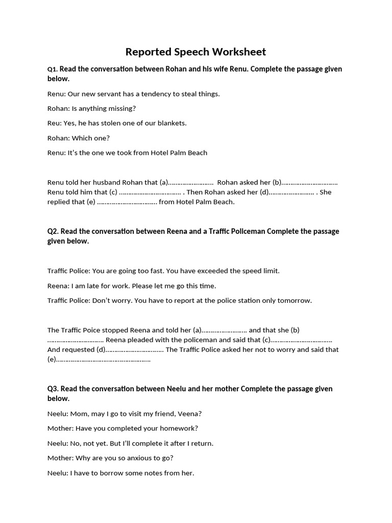 Reported Speech Worksheet | PDF