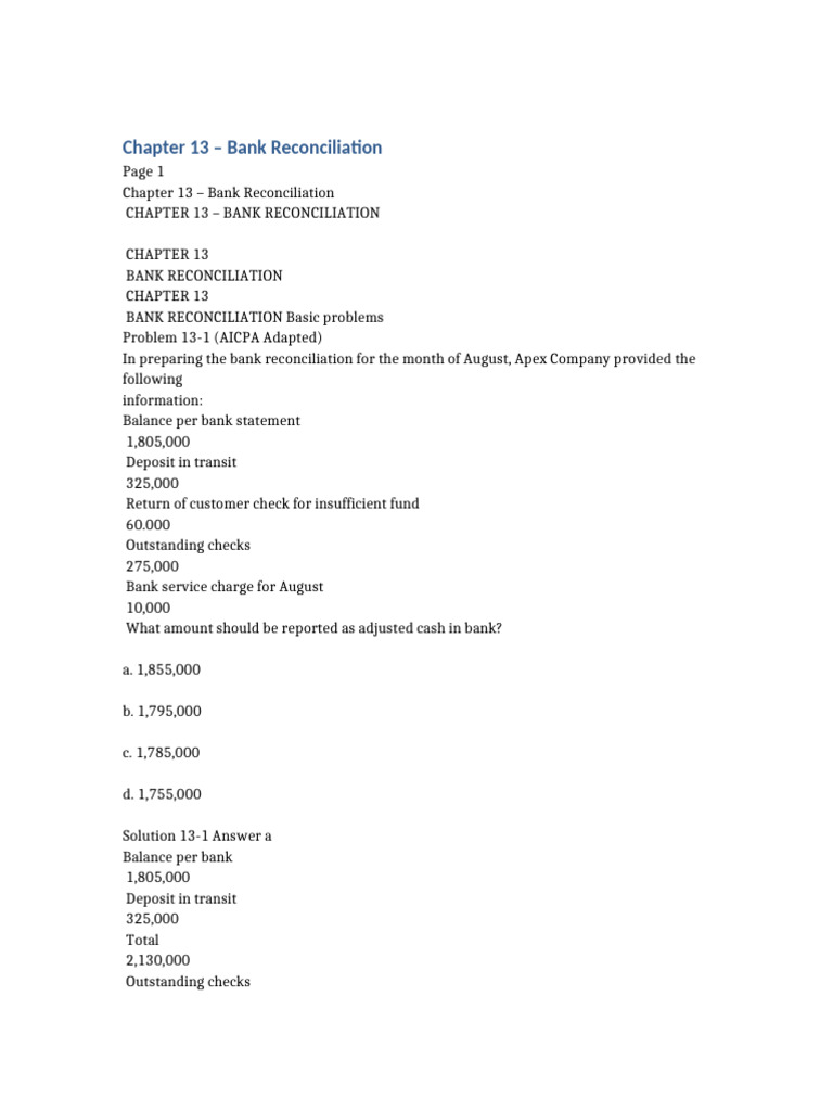 Bank Reconciliation Problems and Solutions | PDF | Banks | Debits And ...