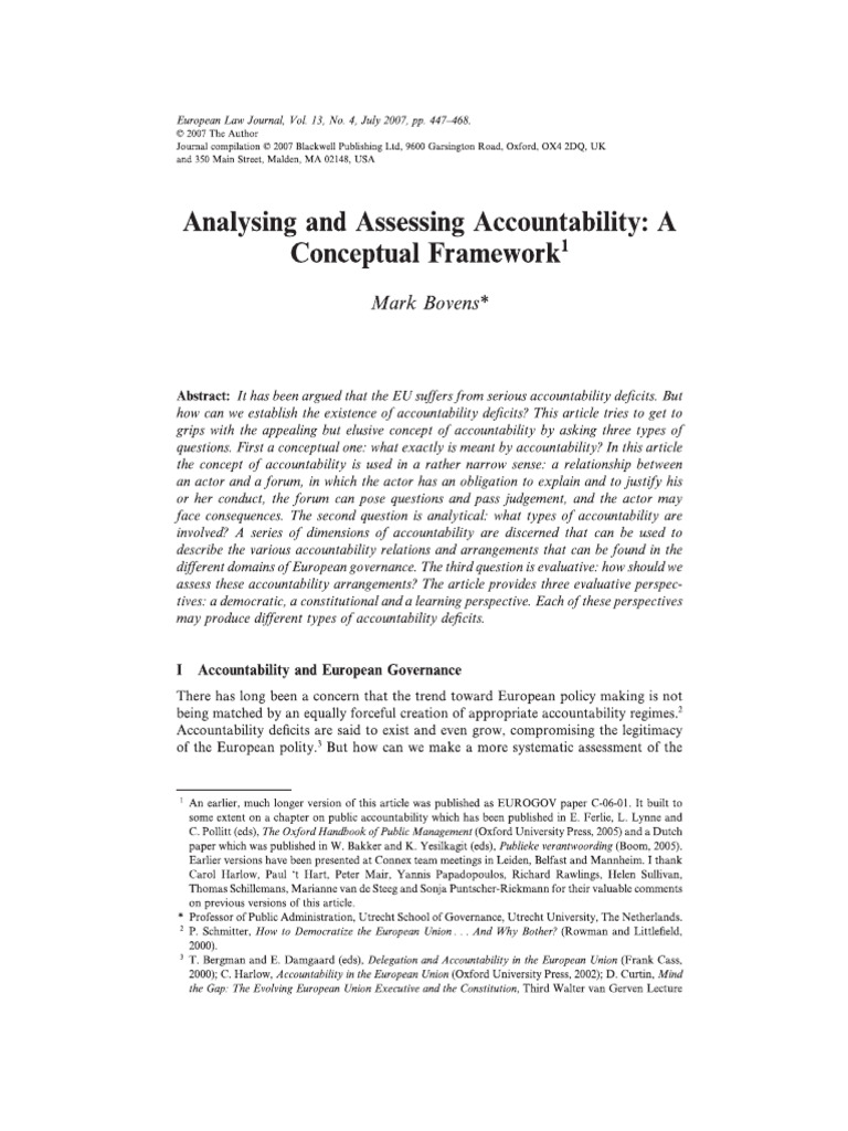 Bovens Analysing and Assessing Accountability A Conceptual Framework ...