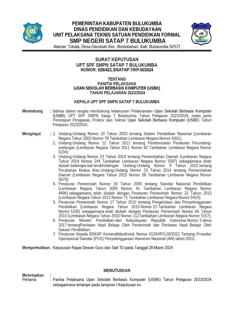 Panitia USBK SMPN Satap 7 Bulukumba 2024 | PDF