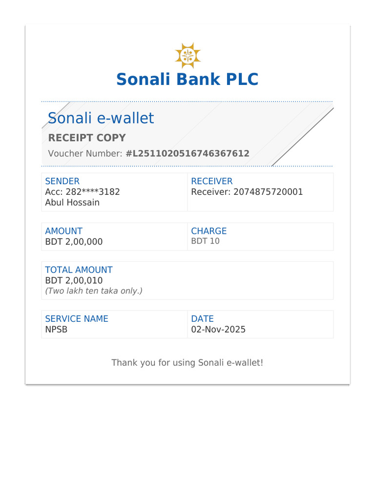 Sonali e-Wallet Transaction Receipt | PDF