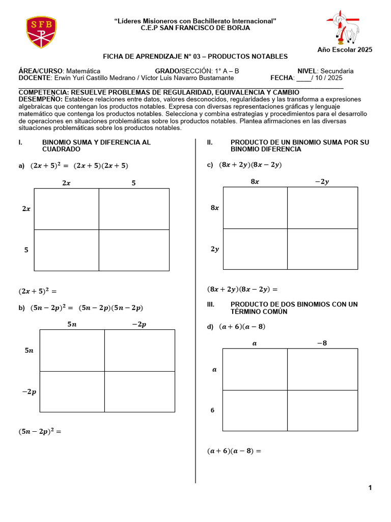 Ficha de Aprendizaje N 03 Productos Notables | PDF | Factorización ...
