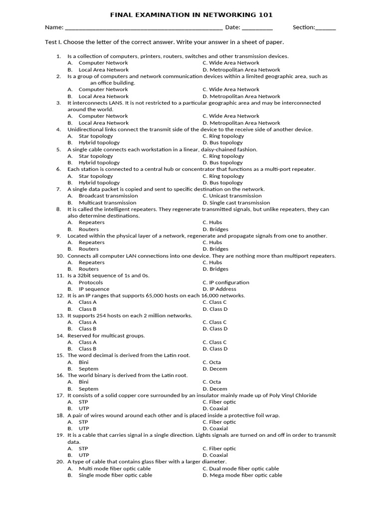 Final Examination in Networking 101 | PDF | Network Topology | Computer ...
