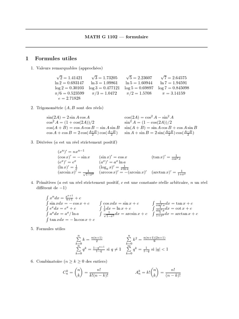 Formules Mathématiques Essentielles | PDF | Fonctionnalités et ...