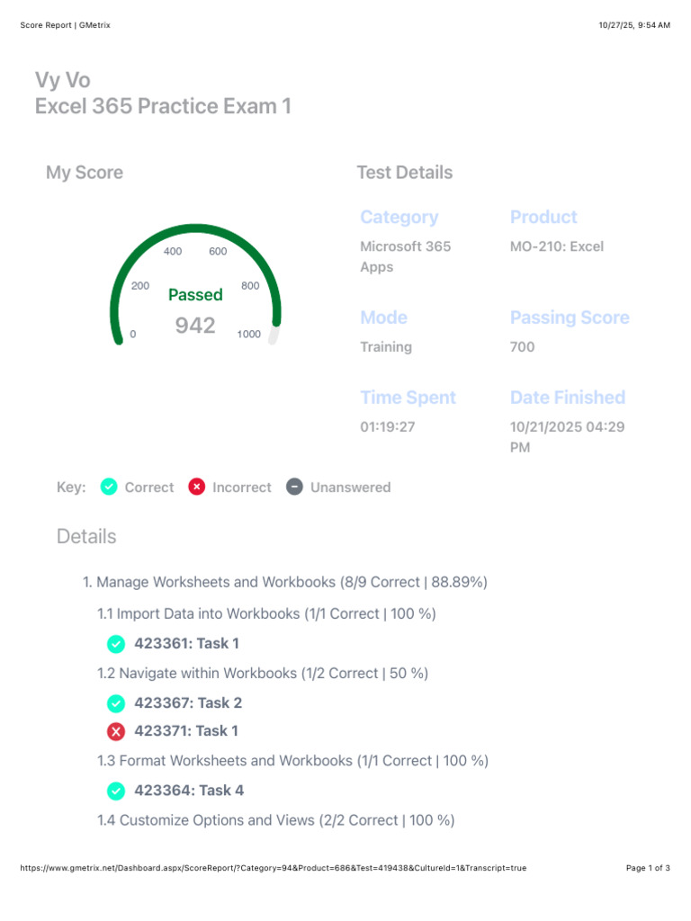 GMetrix Excel 365 Score Report | PDF | Microsoft Excel | Software