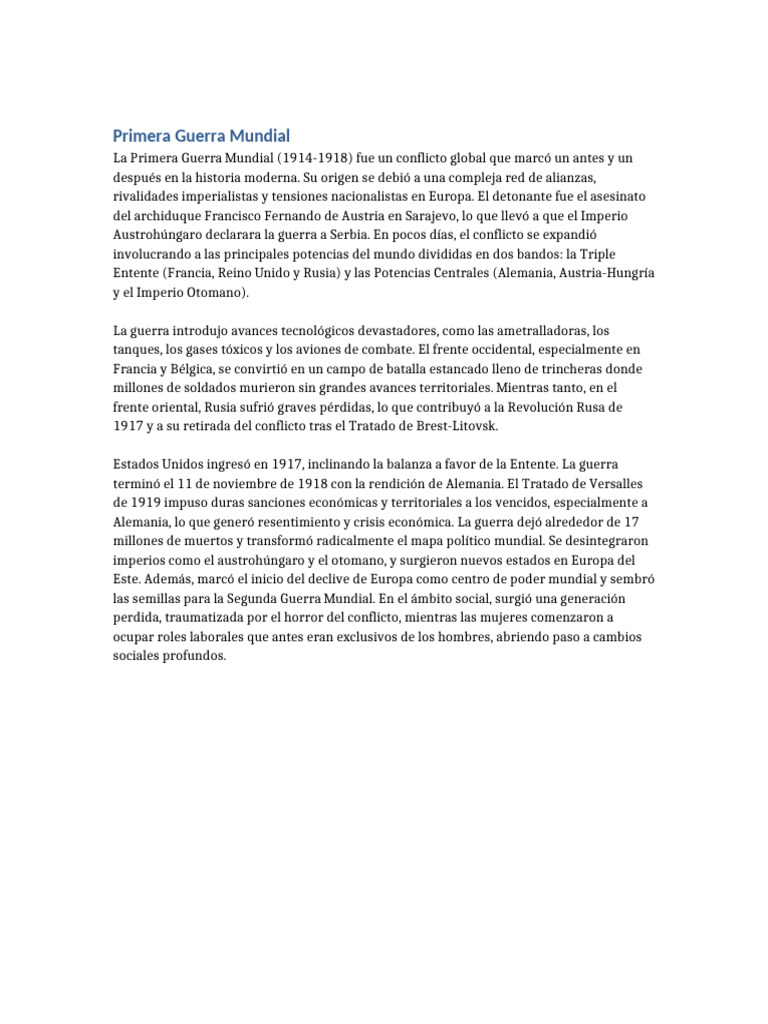 Impacto y Orígenes de la Primera Guerra Mundial | PDF