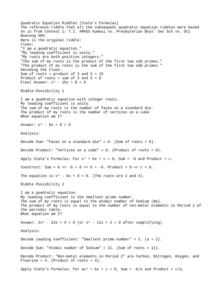 Quadratic Equation Riddles Explained | PDF | Complex Number | Numbers