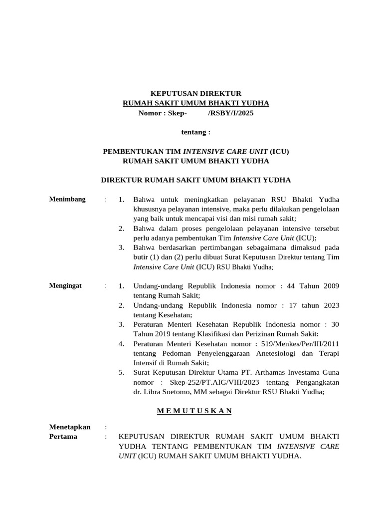 Pembentukan Tim ICU RSU Bhakti Yudha | PDF