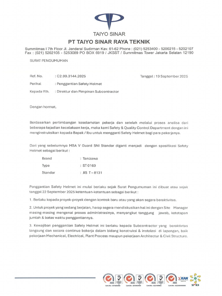 Surat Penggantian Helmet Pekerja Subcont | PDF