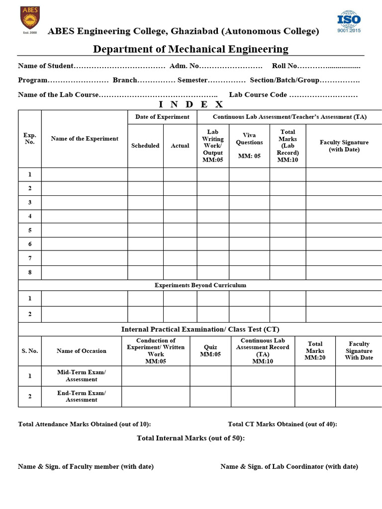 Mechanical Engineering Lab Record Template | PDF | Qualifications ...