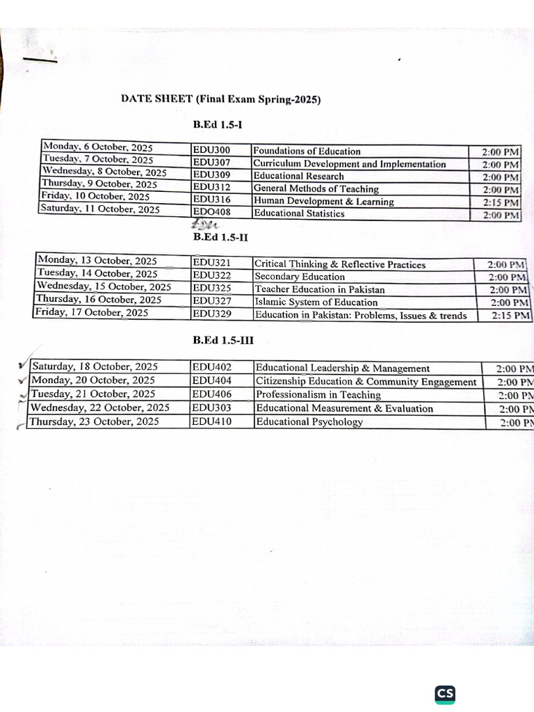 Date Sheet Final Exam SPRING 2025 | PDF