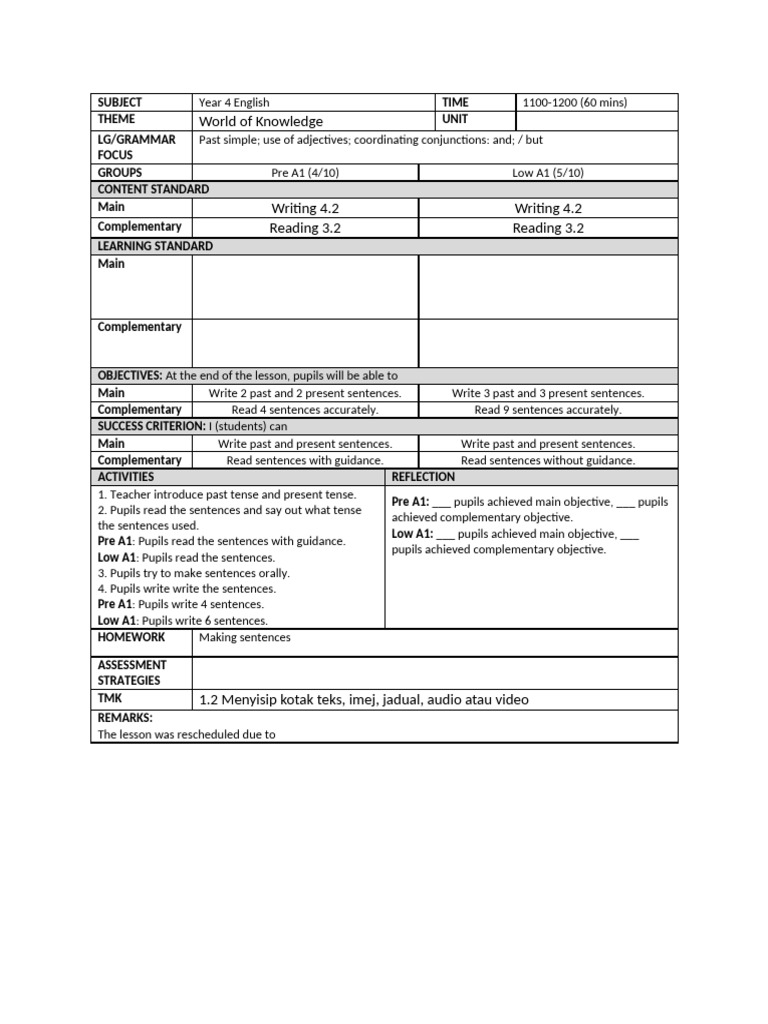 Year 4 English Grammar Lesson Plan | PDF | Syntax | Learning