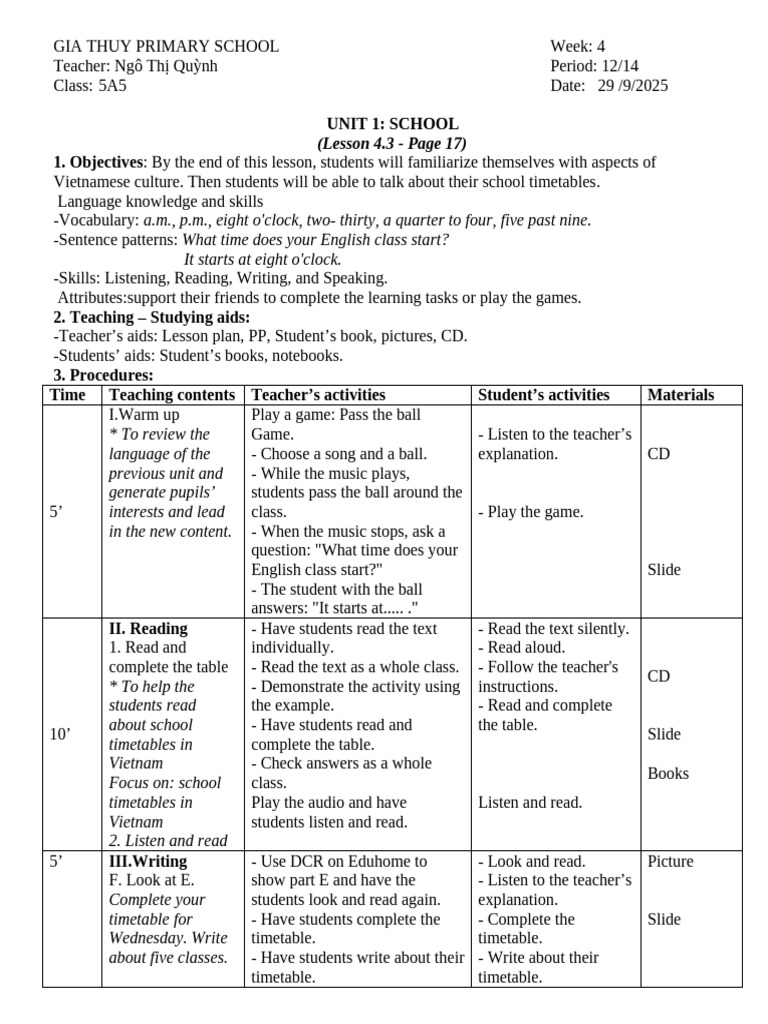 Vietnamese School Timetable Lesson Plan | PDF | Lesson Plan | Second ...