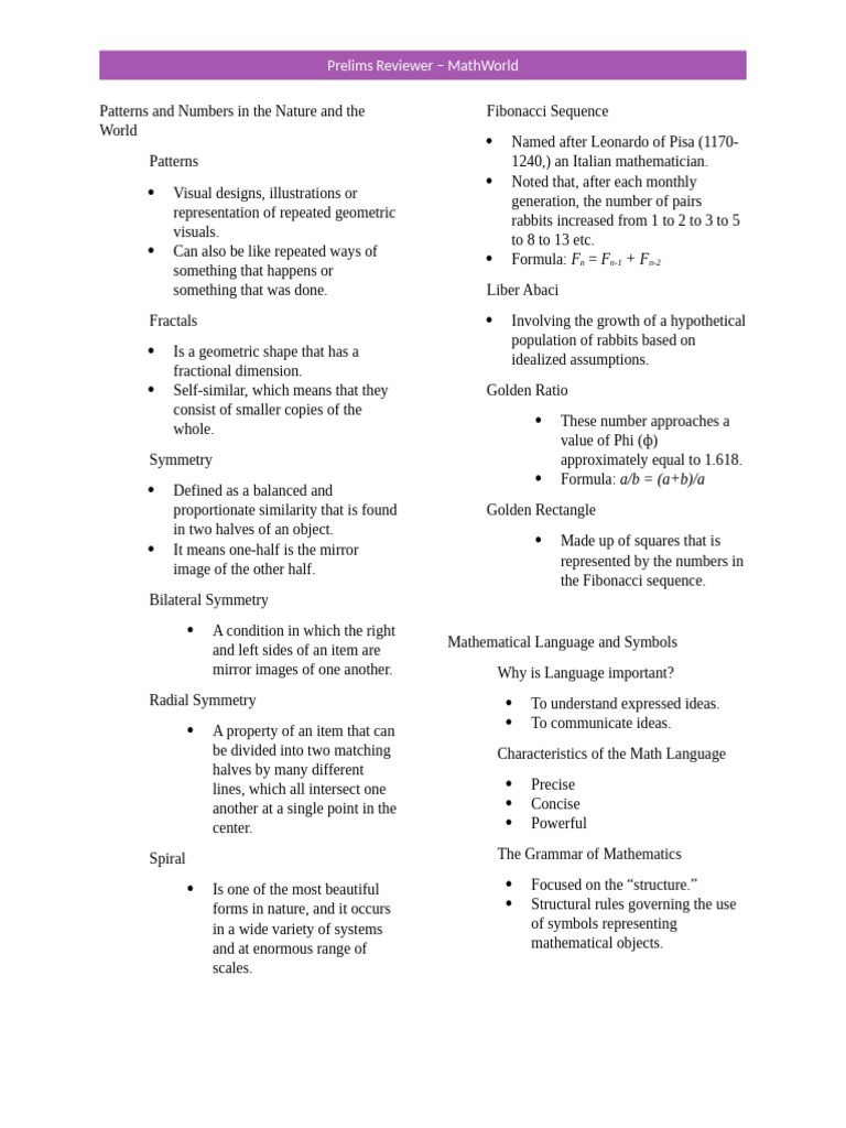 Prelims Reviewer - MathWorld | PDF | Multiplication | Pattern