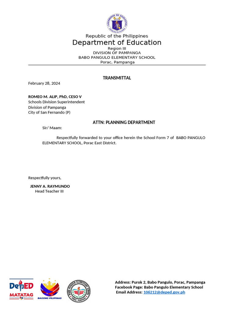 Babo Pangulo Elementary School Form 7 Submission | PDF