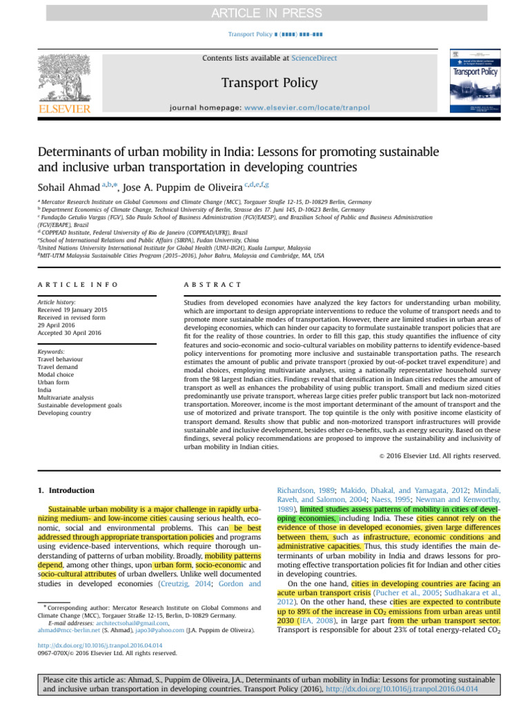 Urban Mobility Determinants in India | PDF | City | Transport