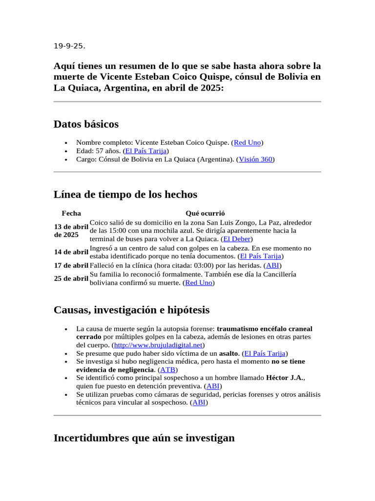 Muerte del cónsul boliviano Coico Quispe | PDF