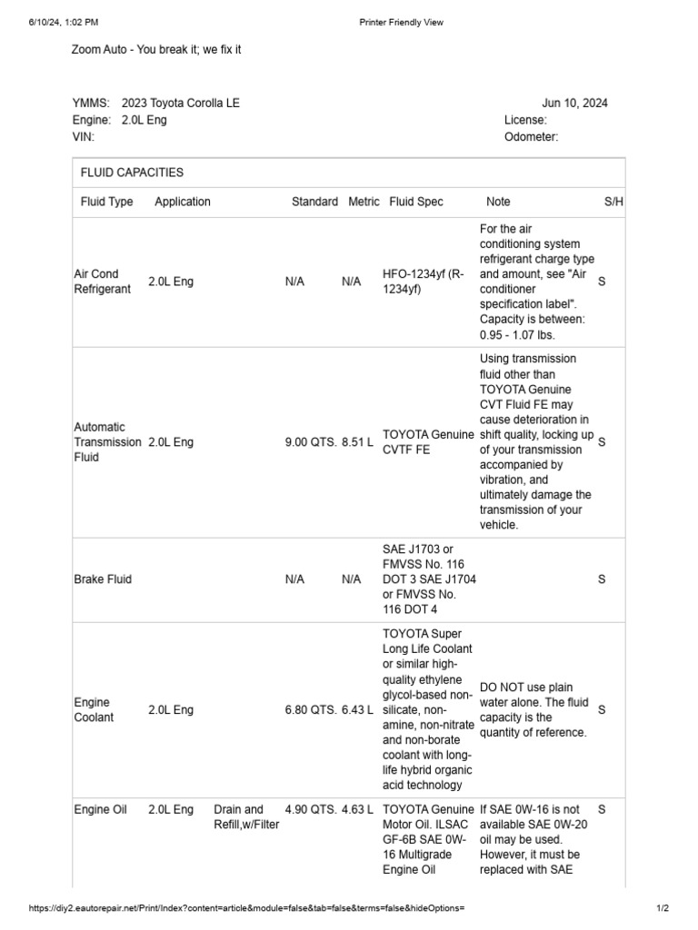 Toyota Corolla Le Fluid Capacities Pdf Motor Oil Motor Vehicle