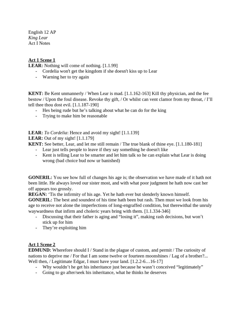 King Lear Act 1 Summary & Analysis | PDF | King Lear | Thou