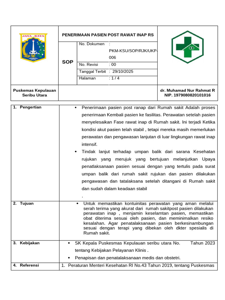 Sop Penerimaan Pasien Post Ranap Rs Revisi | PDF
