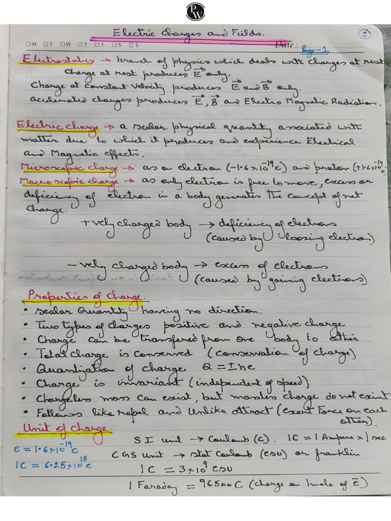Electric Charge and Field - Handwritten Notes | PDF