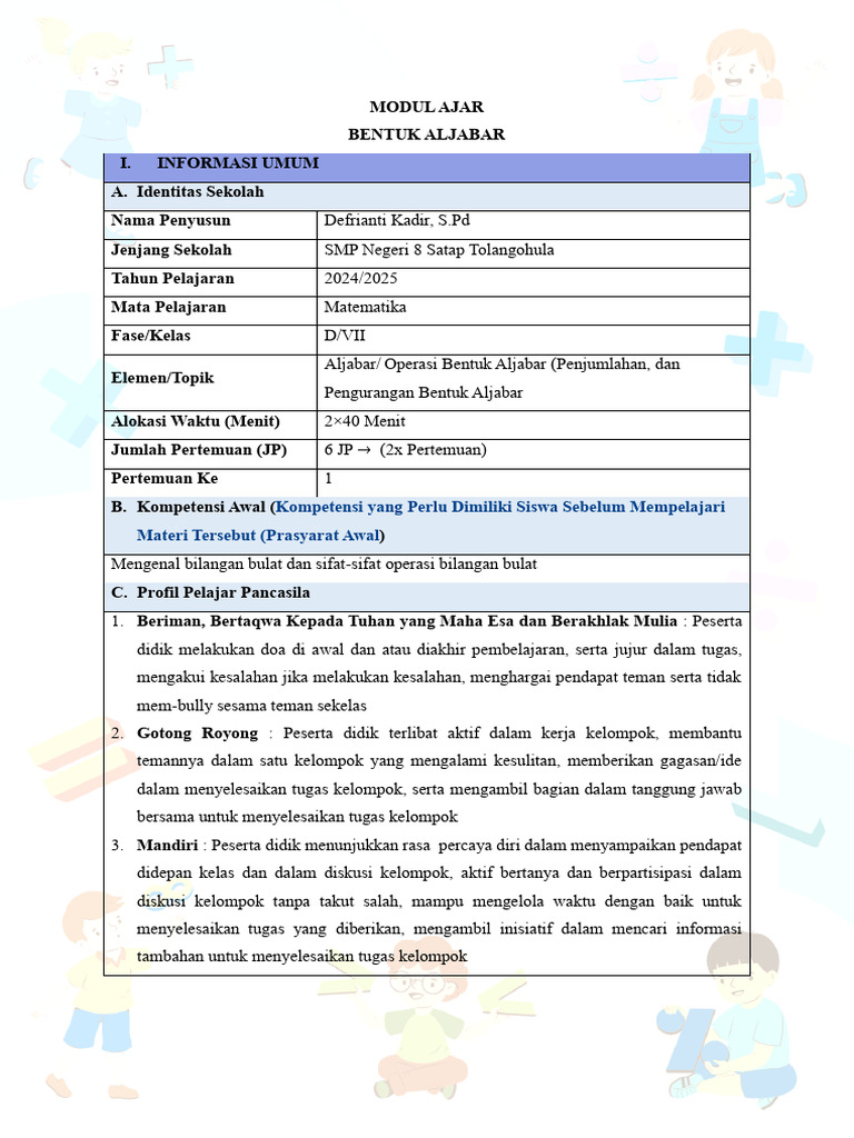 Modul Ajar Aljabar SMP Kelas VII | PDF